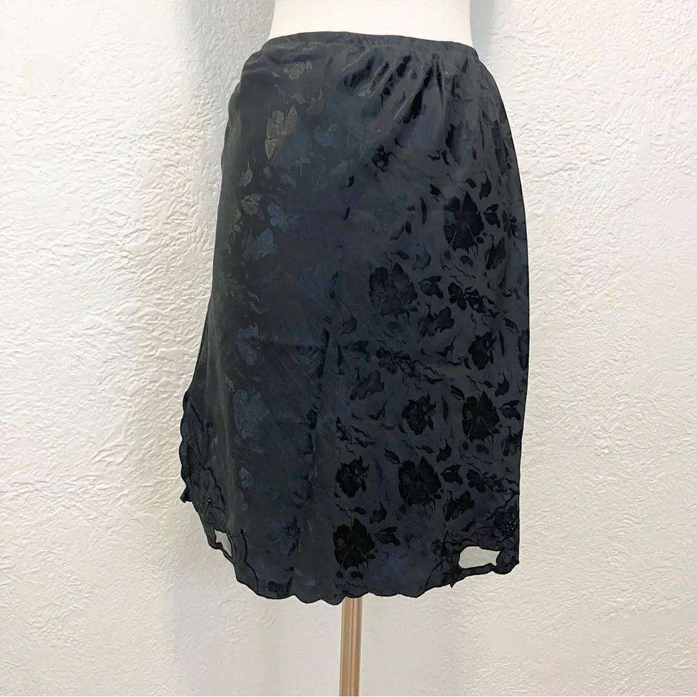 Vintage Half Slip Skirt Black Satin Floral Embroidered Beaded Goth Whimsigoth S